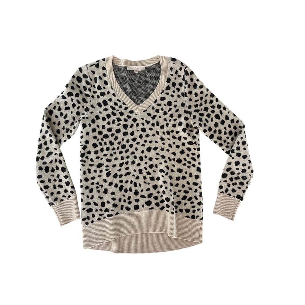 LOFT Womens Animal Print V-Neck Sweater Tan Black Leopard Wool Blend 512655 S